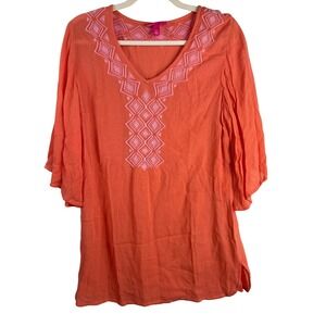 Lilly Pulitzer Coral Orange Embroidered V-Neck Rayon Tunic Top Small 3/4 Sleeve